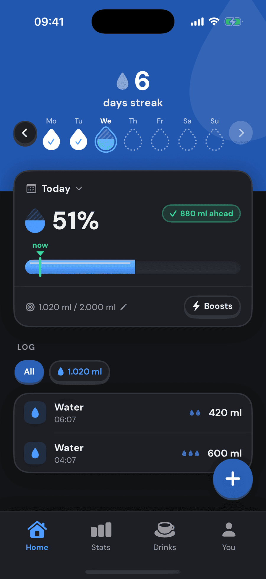 Hydrately Home screen: a 6-day streak with droplet badges for the week, today at 51% of a 2,000 ml goal and 880 ml ahead of pace, and two logged glasses of water.