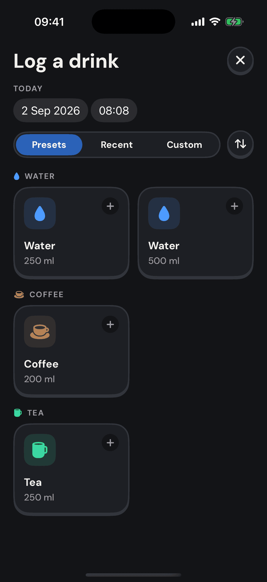 Log a drink screen with one-tap preset tiles for water, coffee and tea.